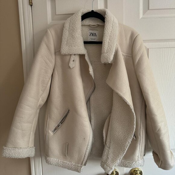 Zara cream Moto style shearling jacket, size M - Picture 4 of 4